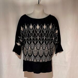 Womens Black Metallic Art Deco Design Fine Knit Top, 3/4 Sleeves-Size Med